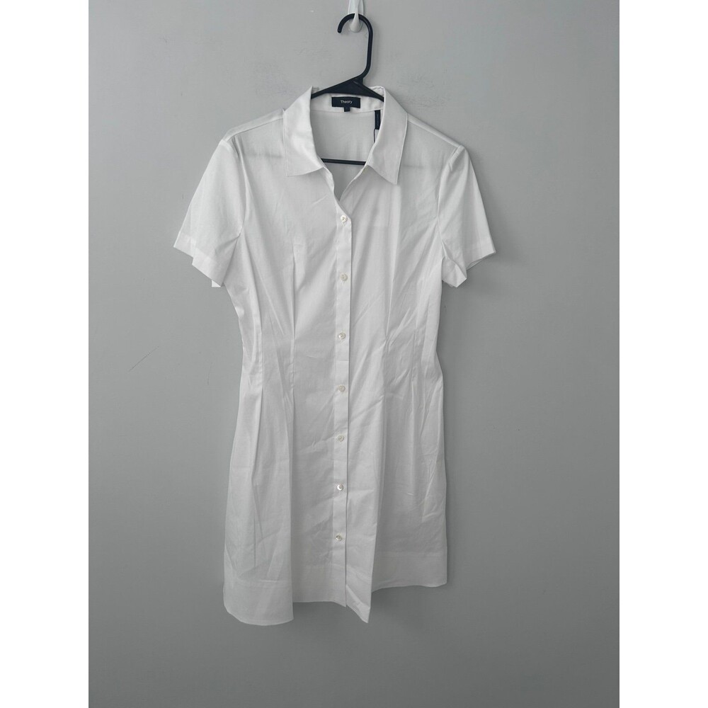 THEORY WHITE PRECISE BUTTON UP SHORT SLEEVE PLEATED DRESS Large  NWT